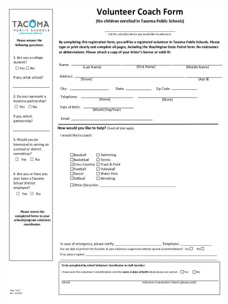 Volunteer Coach Form - Tacoma Public Schools - DocHub Preview on Page 1