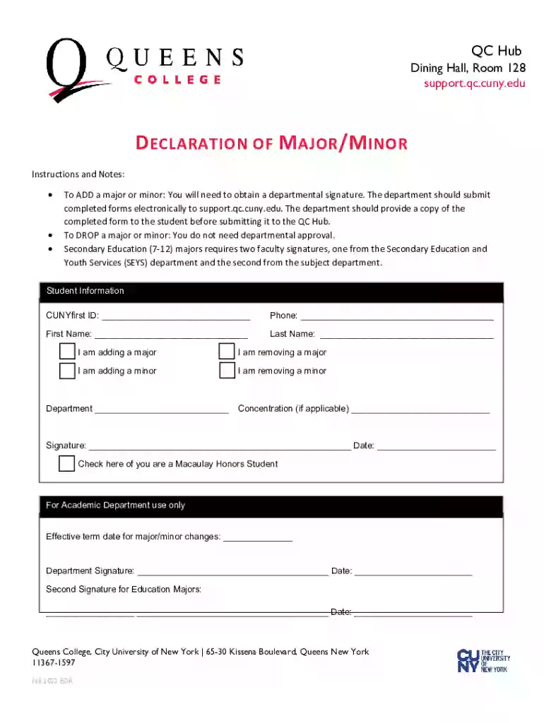 Declaration of Major Form Fillable - QC Hub Dining Hall 128 Preview on Page 1