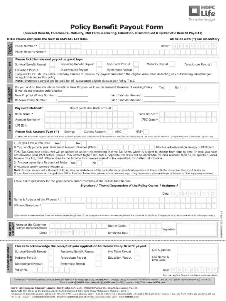hdfc life policy benefit payout form Preview on Page 1