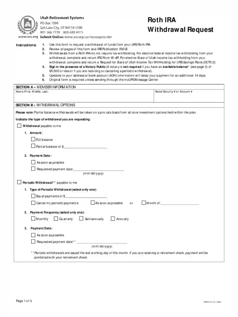 Roth IRA Withdrawal Request - Utah Retirement Systems Preview on Page 1