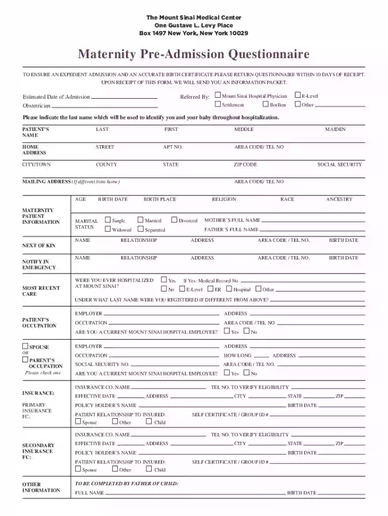 Maternity Pre-Admission Questionnaire Preview on Page 1