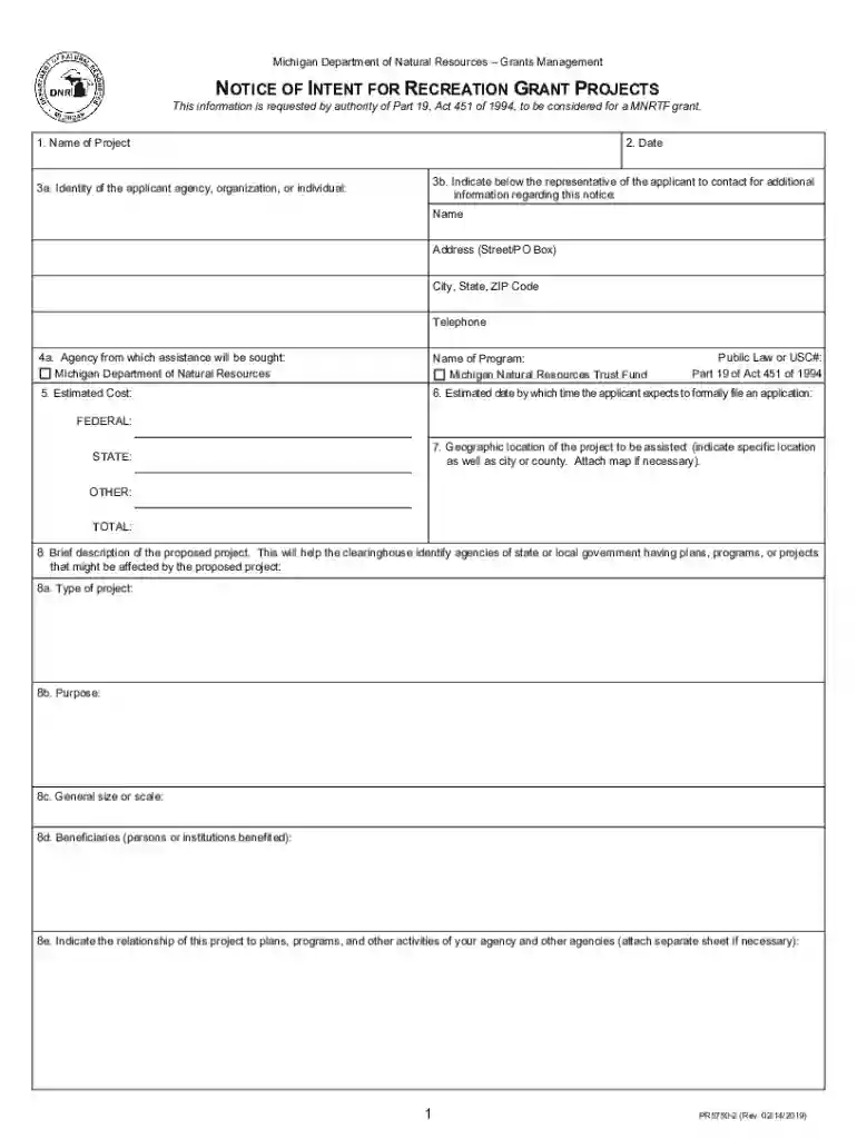 Notice of Intent for Recreation Grant Projects - State of Michigan Preview on Page 1