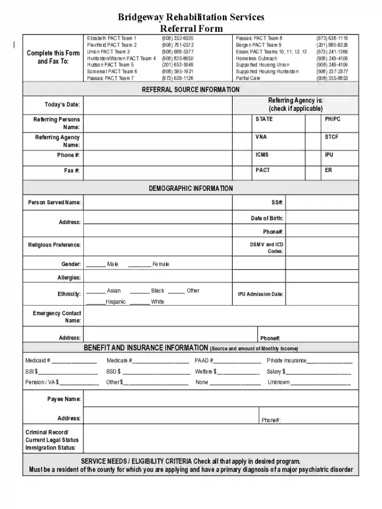 Bridgeway Rehabilitation Services Referral Form Preview on Page 1