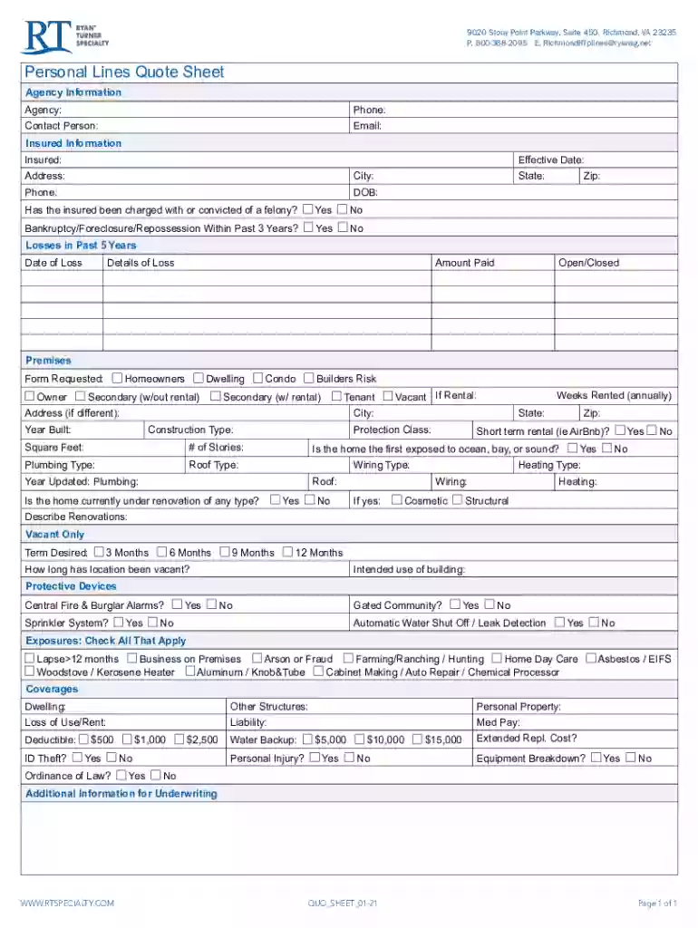 Personal Lines Quote Sheet RT Specialty Preview on Page 1