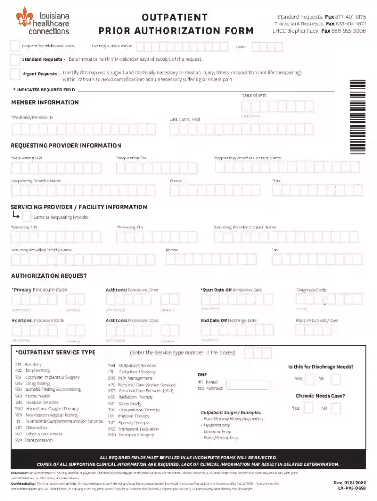 LA-PAF-0658 - Outpatient Prior Authorization Form Outpatient Prior Authorization Form Preview on Page 1