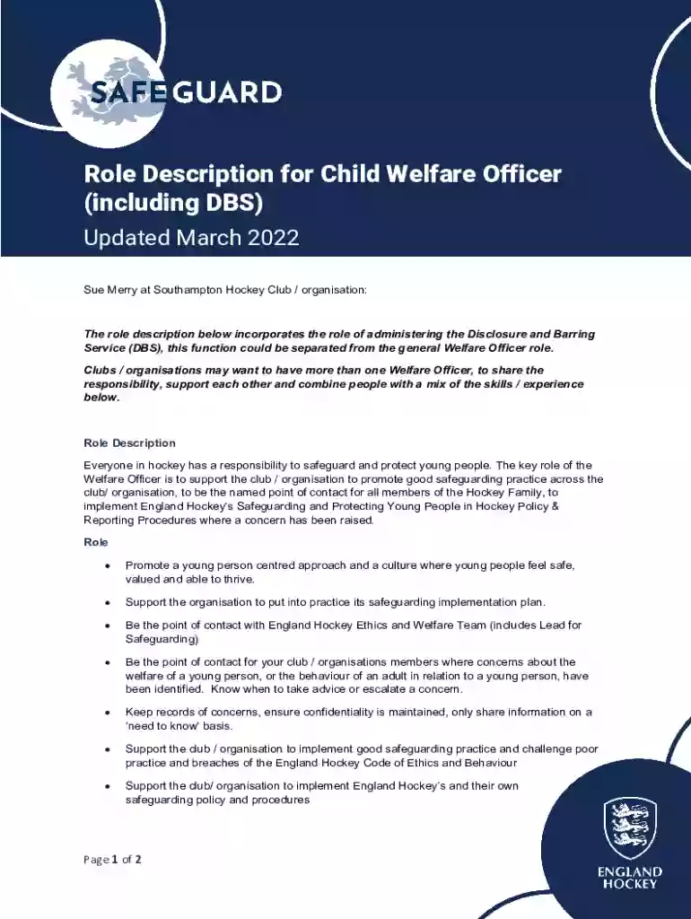 Role Description for Child Welfare Officer (including DBS) Preview on Page 1
