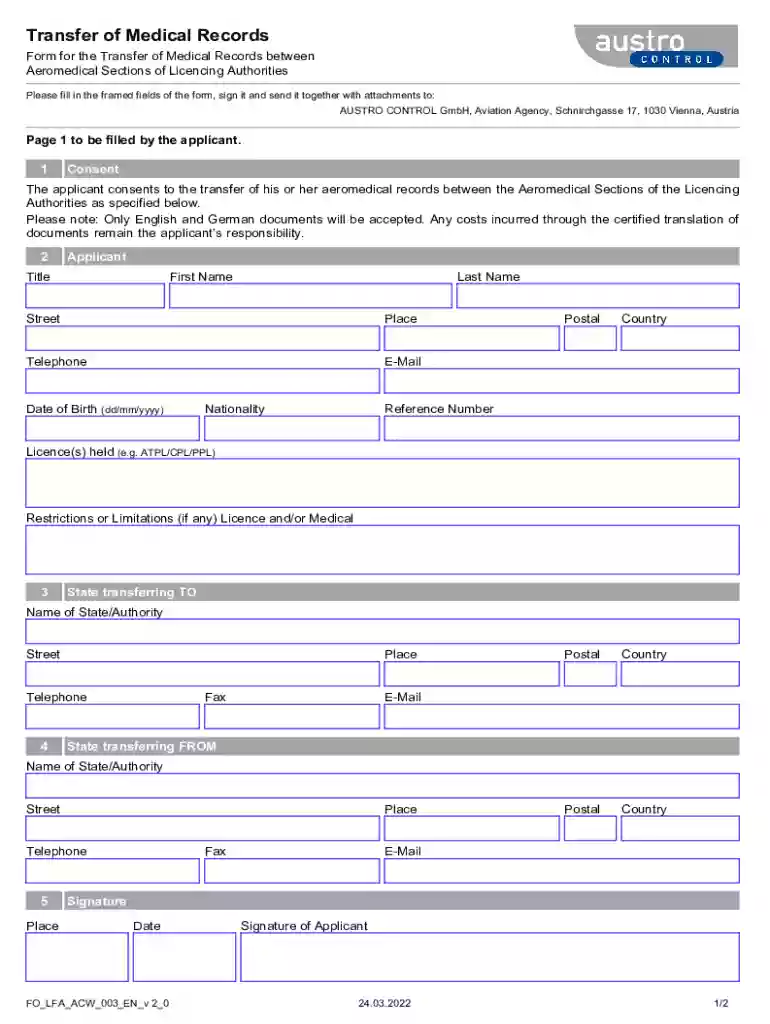 Transfer of Medical Records Form for the Transfer of Medical Records betweennAeromedical Sections of Preview on Page 1