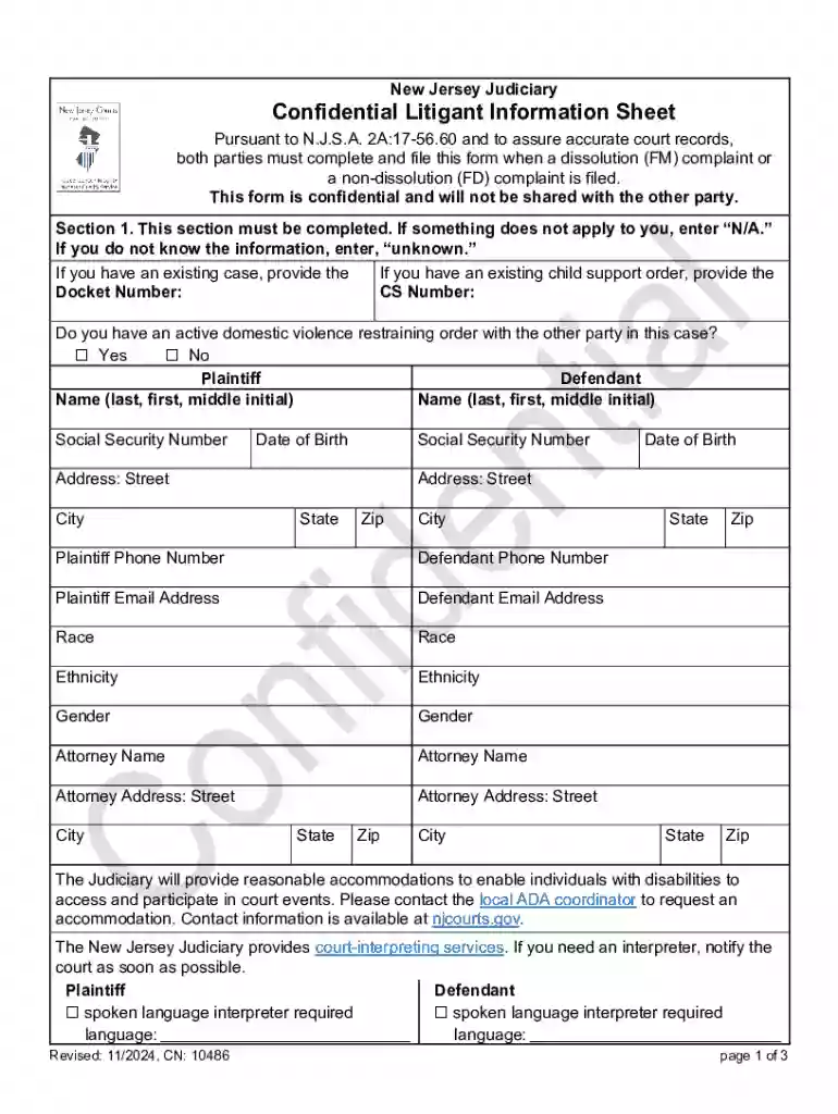 New Jersey Confidential Litigant Information Sheet Preview on Page 1
