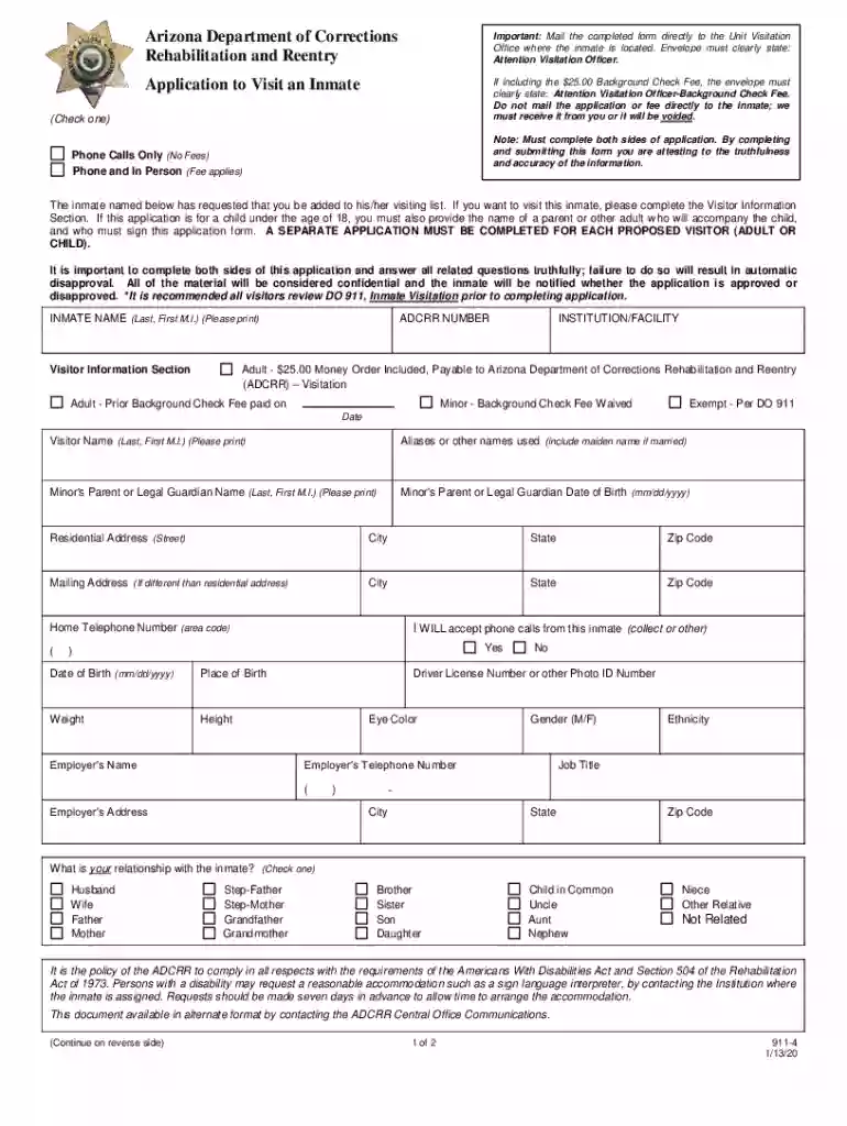 Arizona Inmate Visitation Application Preview on Page 1