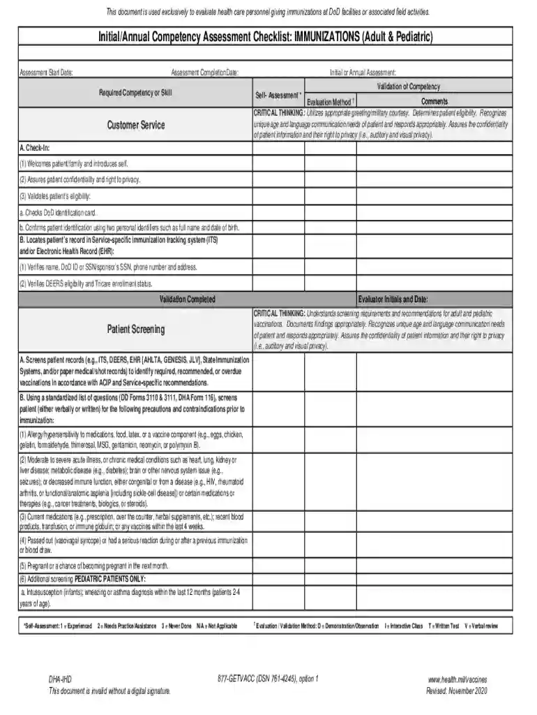 Initial Annual Competency Assessment Checklist: IMMUNIZATIONS Preview on Page 1