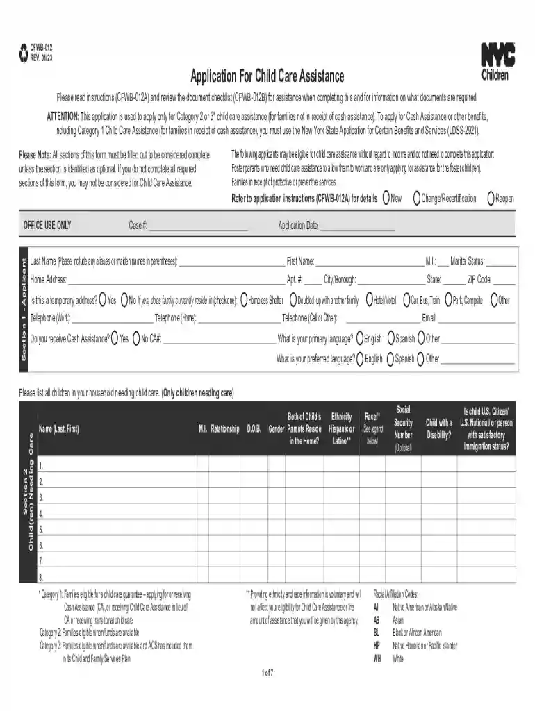 CFWB-012 Application for Child Care Assistance CFWB-012 Application for Child Care Assistance Preview on Page 1