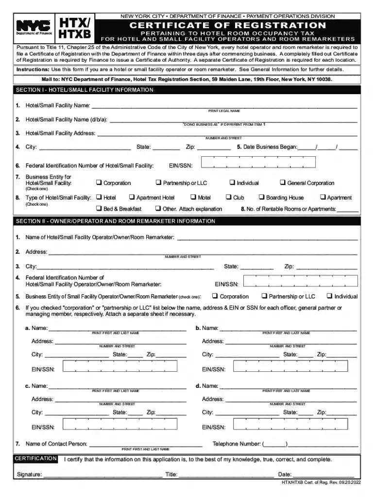 Hotel Tax Certificate of Registration Preview on Page 1