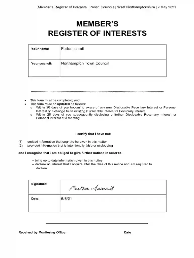 Member's Register of Interests Form - West Northamptonshire Preview on Page 1