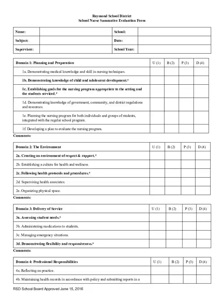 Raymond School District School Nurse Summative Evaluation Form Preview on Page 1
