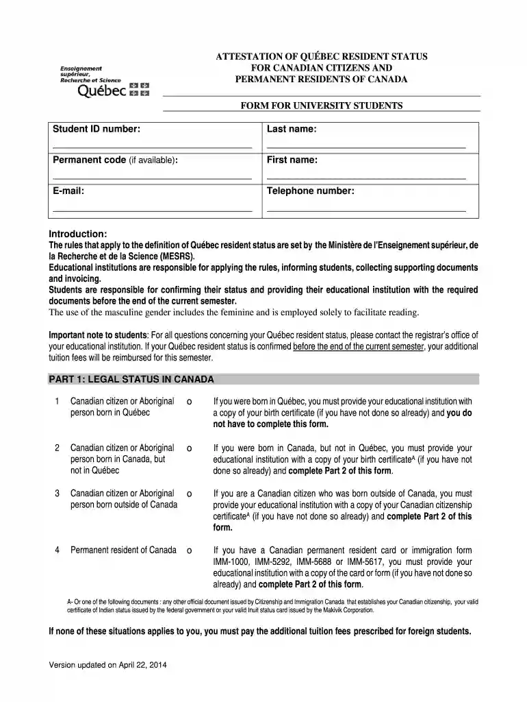 Attestation of Qu bec Resident Status for Canadian Citizens and Permanent Residents of Canada - Form Preview on Page 1