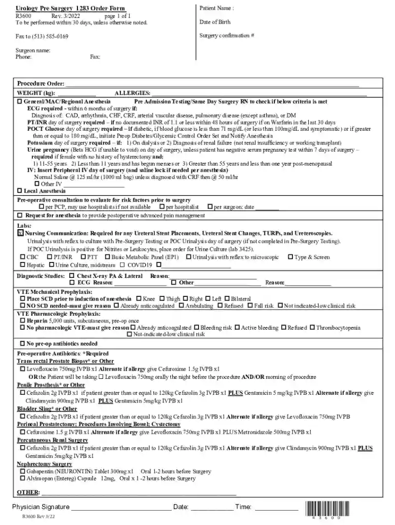 Urology Pre Surgery 1283 Order Form Physician Signature Preview on Page 1