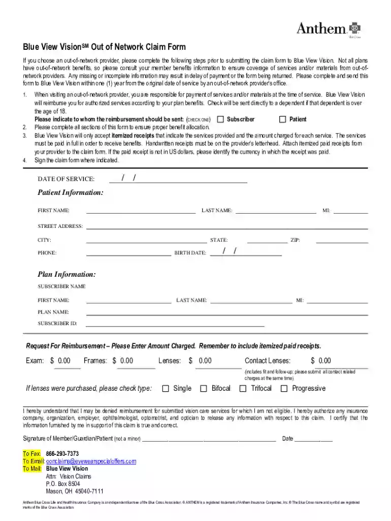 Blue View Vision Claim Form - Fill Out and Sign Printable PDF Preview on Page 1