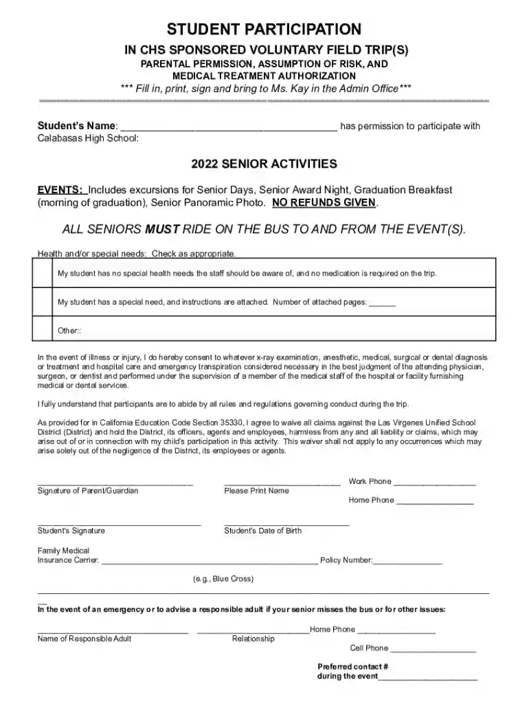 2022-2023 Field Trip Medical Treatment Authorization Form Preview on Page 1