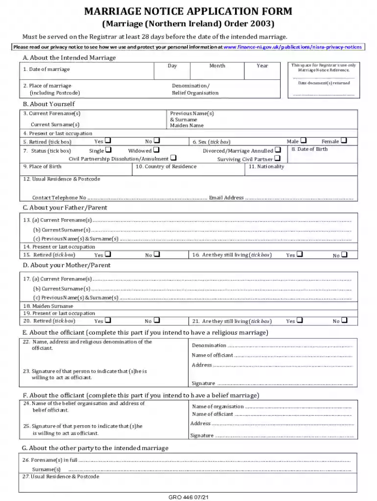 GRO446 Marriage Notice Form Preview on Page 1