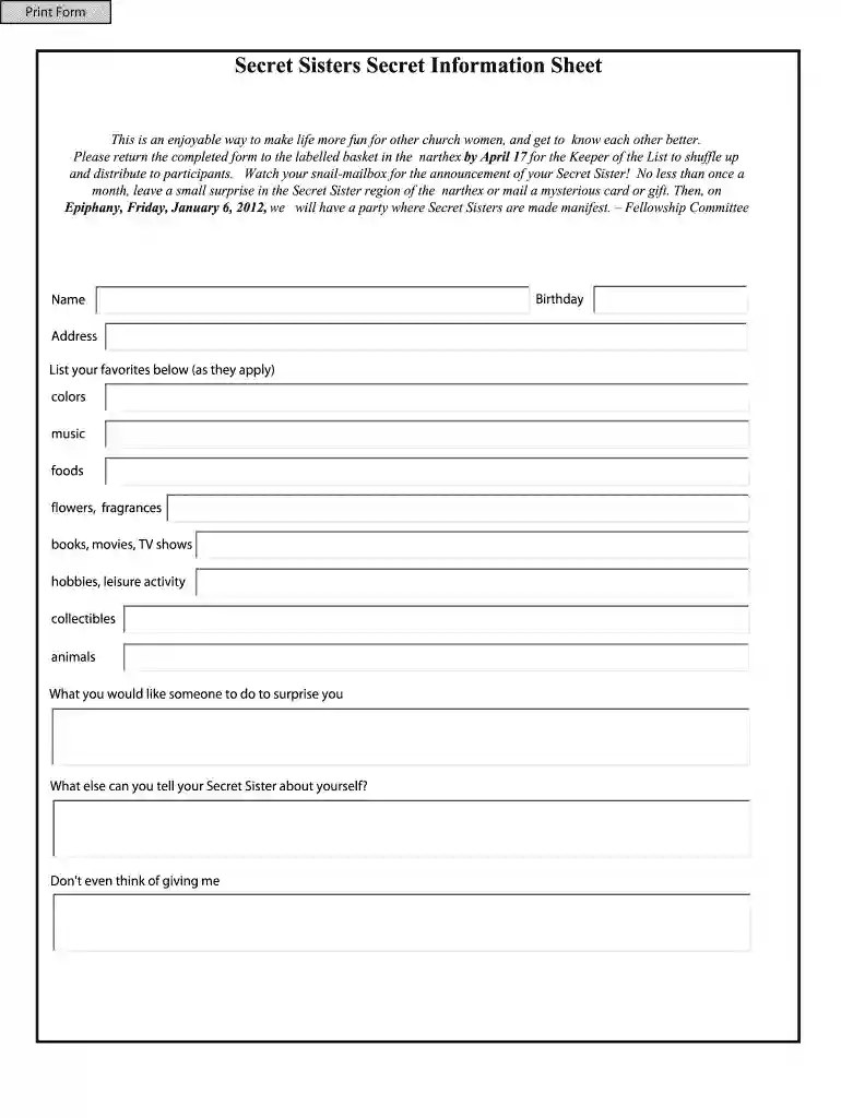 secret sister questionnaire Preview on Page 1