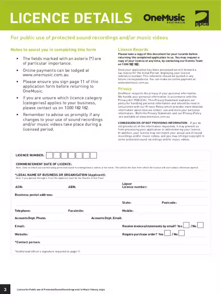 event licence application form - OneMusic Australia Preview on Page 1