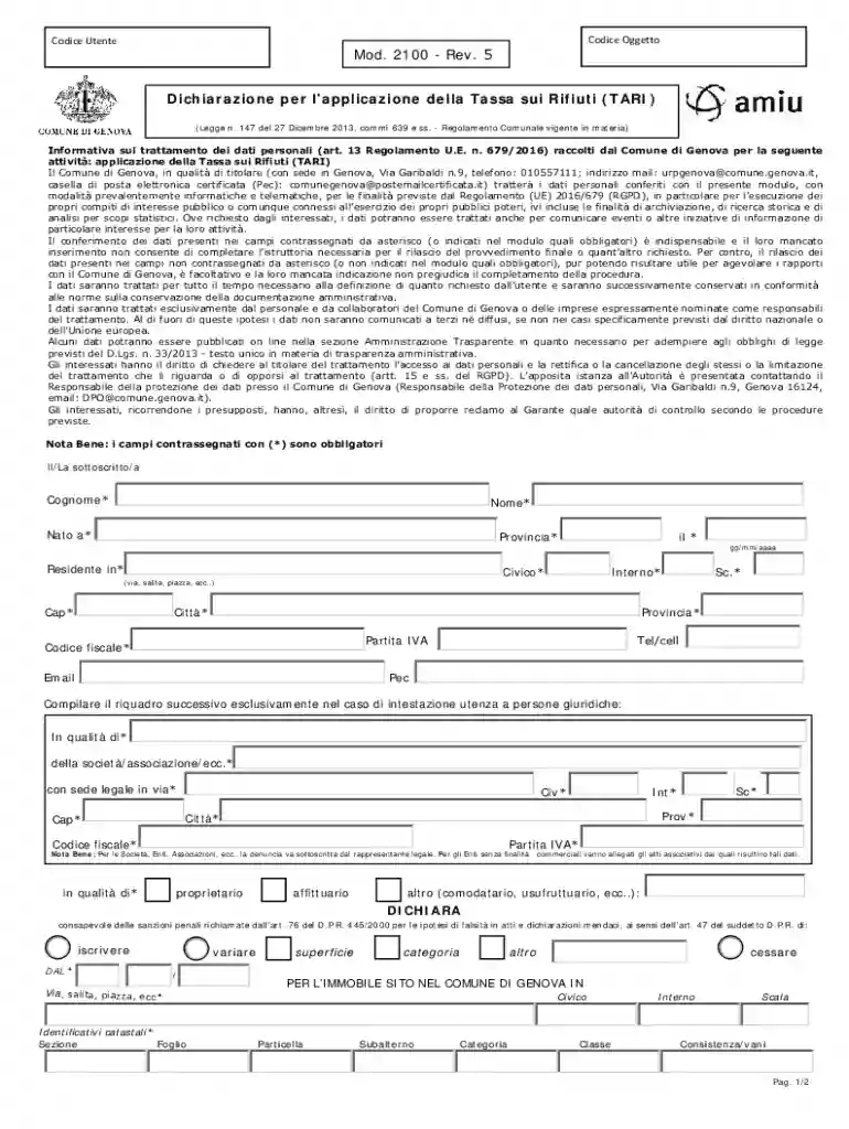 TARI Waste Tax Declaration Form Preview on Page 1