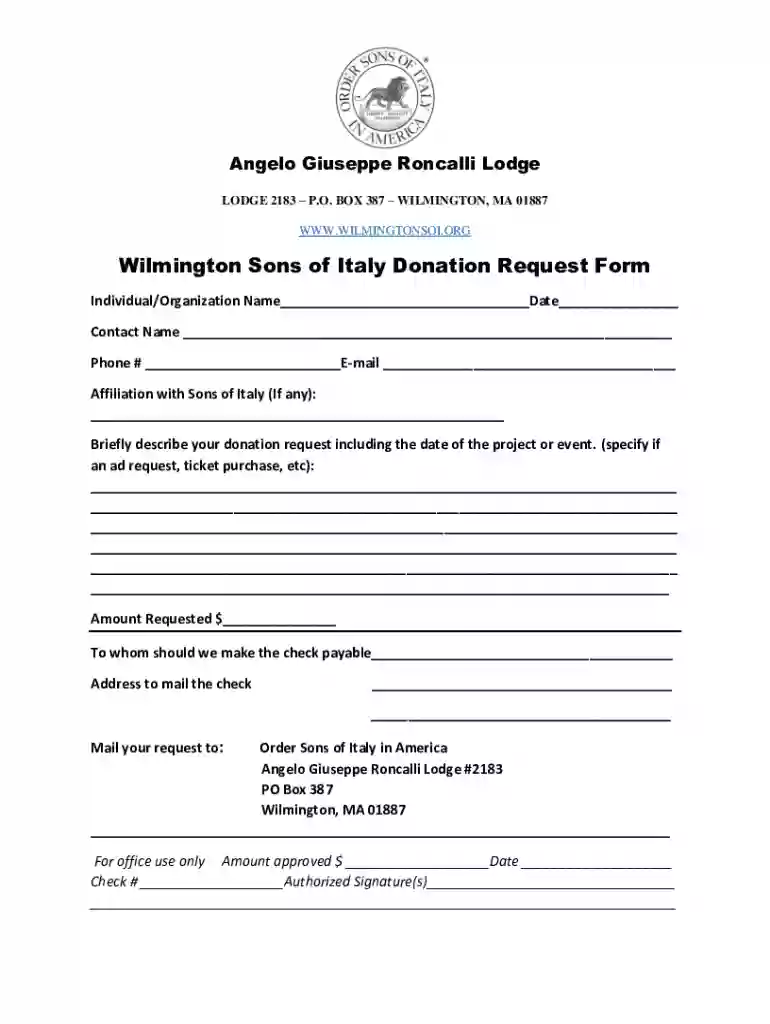 Wilmington Sons of Italy Donation Request Form Preview on Page 1