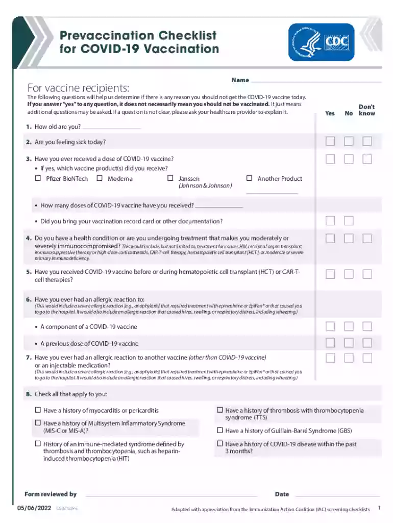 cdc vaccines form Preview on Page 1
