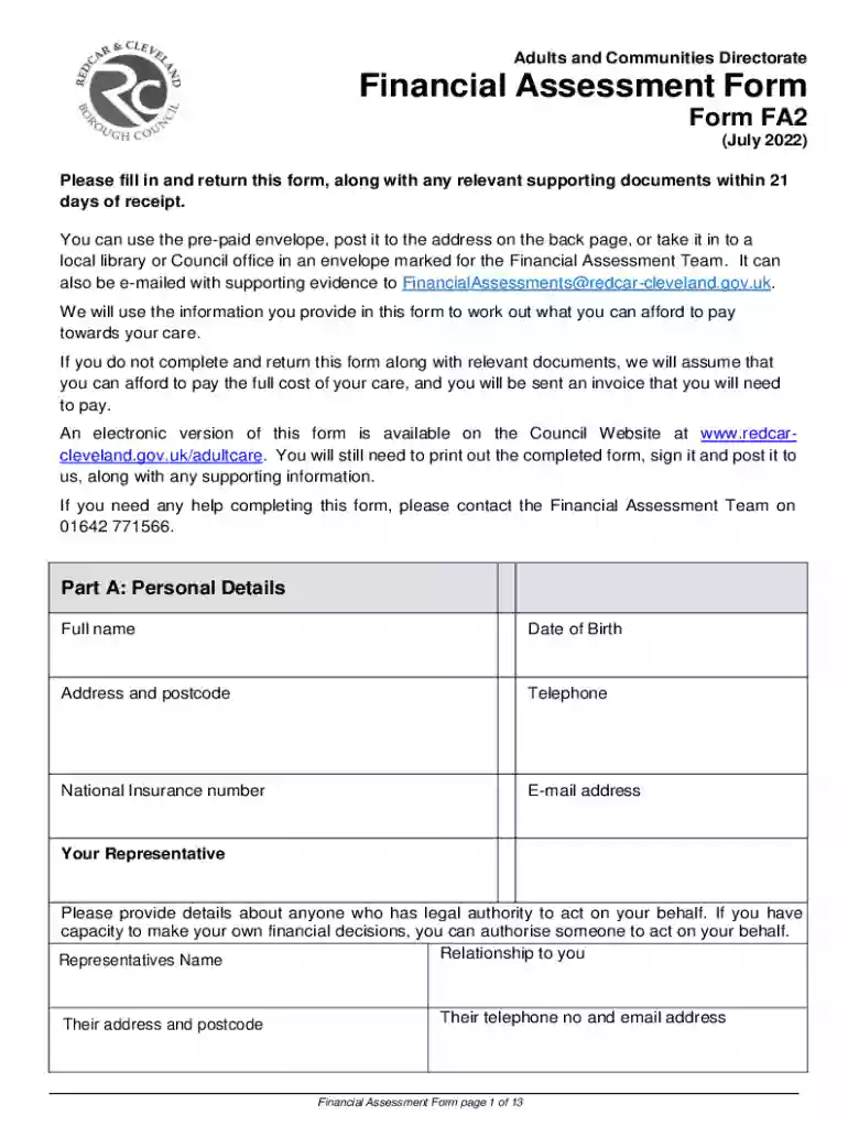 FA2 Financial Assessment Form - Redcar and Cleveland Preview on Page 1