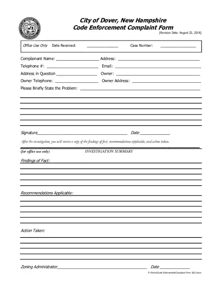 Code Enforcement Complaint Form - City of Dover, NH Preview on Page 1