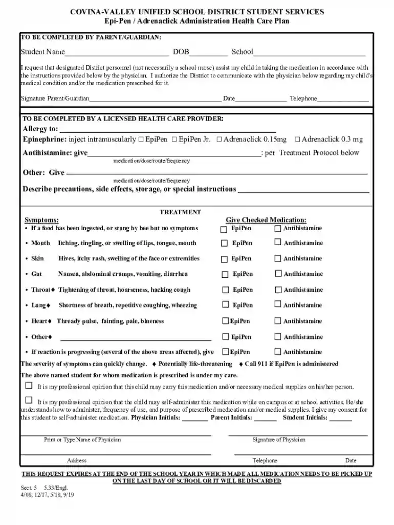 EPI PEN Authorization Form - Torrance Unified School District Preview on Page 1