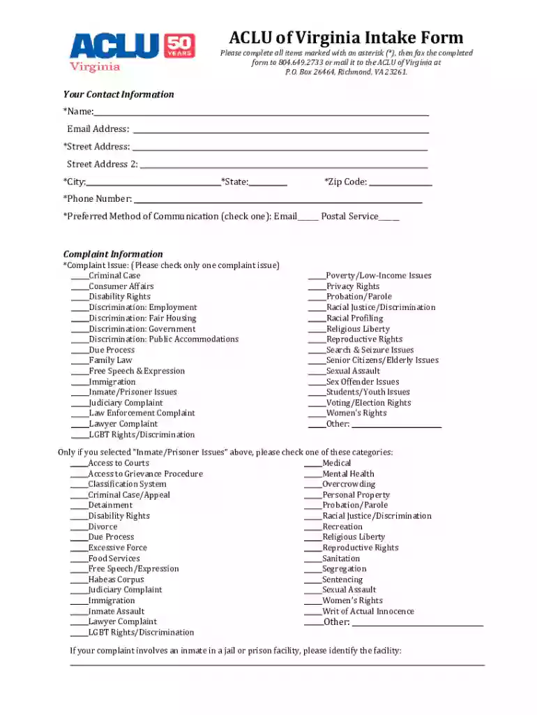 aclu intake form Preview on Page 1