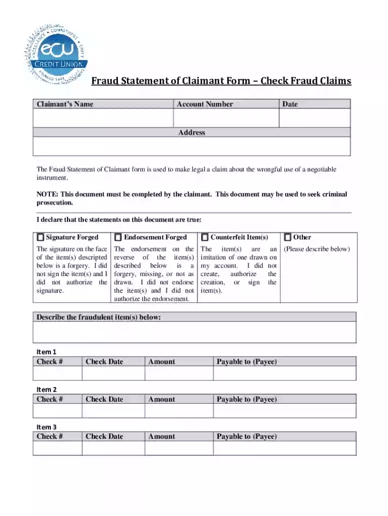 Fraud Statement of Claimant Form Check Fraud Claims Preview on Page 1