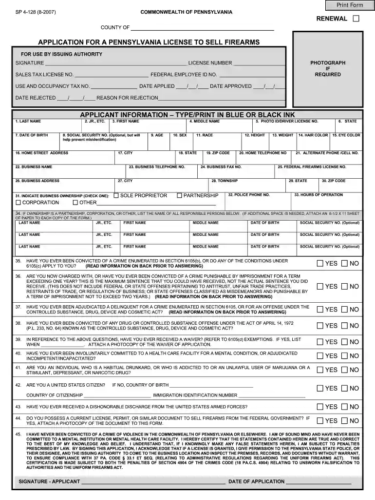 pa firearms application Preview on Page 1