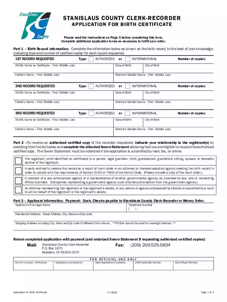 stanislaus county birth certificate Preview on Page 1