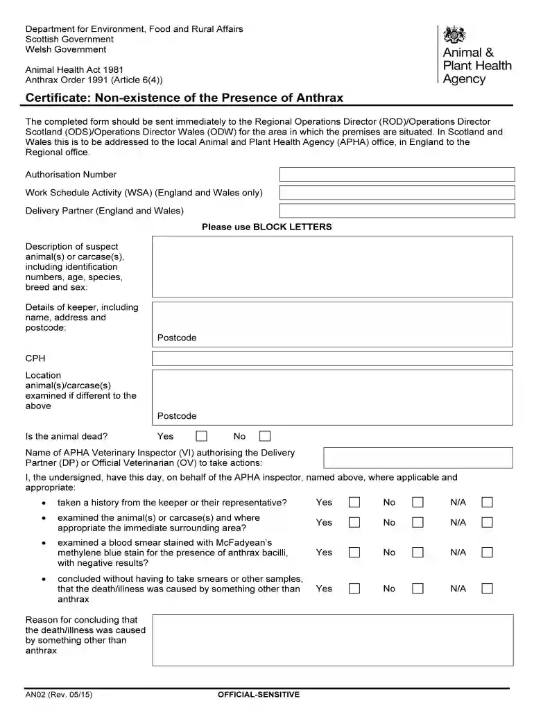 Certificate: Non-existence of the Presence of Anthrax - ahvla defra gov Preview on Page 1