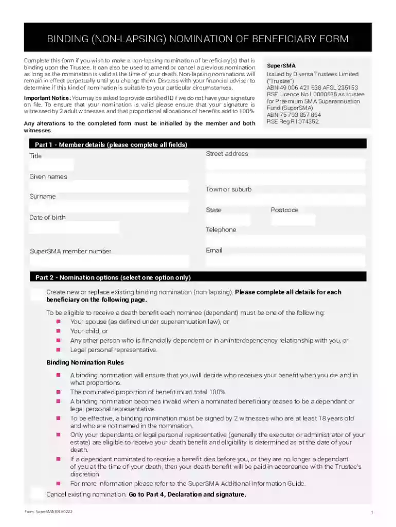 BINDING (NON-LAPSING) NOMINATION OF BENEFICIARY FORM Preview on Page 1