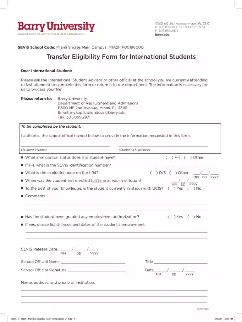 Transfer Eligibility Form for International Students Preview on Page 1