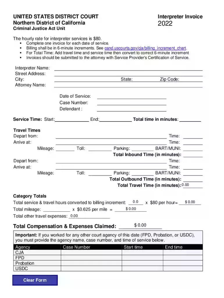 Court Interpreter Invoice for Services United States District Preview on Page 1