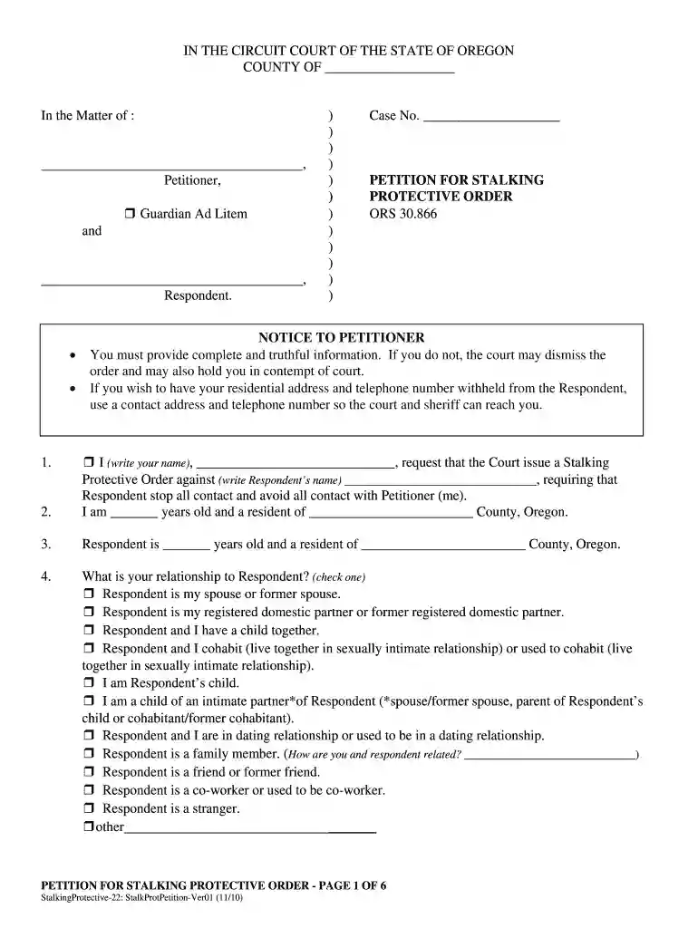 PETITION FOR STALKING - ojd state or Preview on Page 1