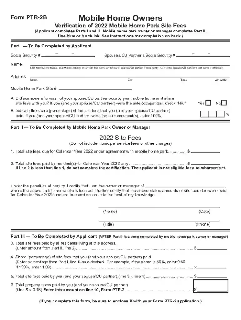 Mobile Home Owners Verification of 2022 Mobile Home Park Site Fees (For use with Form PTR-2) Mobile Preview on Page 1