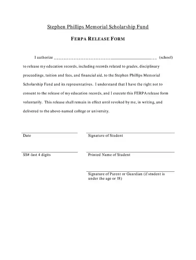 FERPA Release Form - Stephen Phillips Memorial Scholarship Fund Preview on Page 1