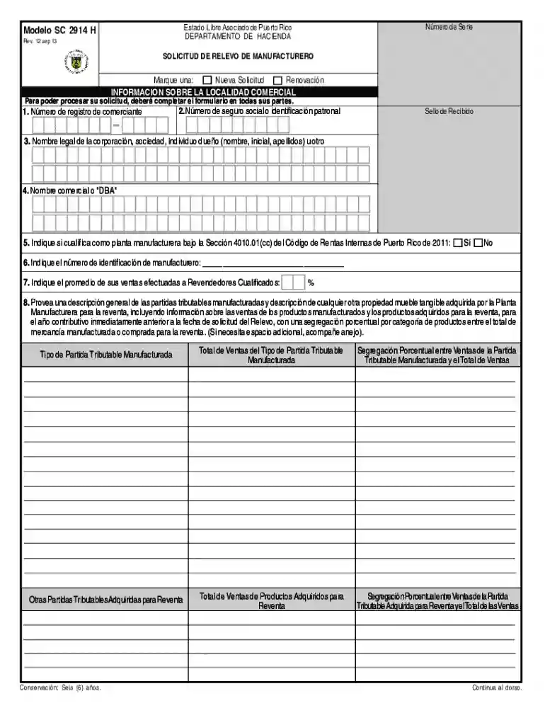 Puerto Rico Manufacturer's Exemption Application Preview on Page 1