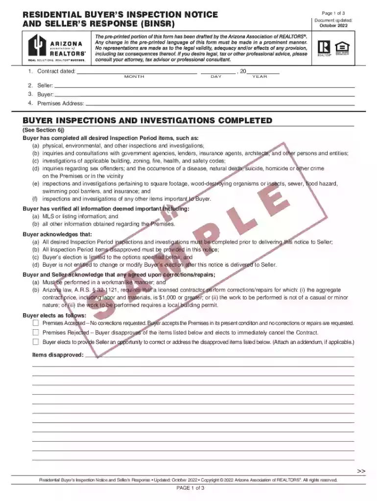 Residential Buyer s Inspection Notice and Seller s Response Preview on Page 1