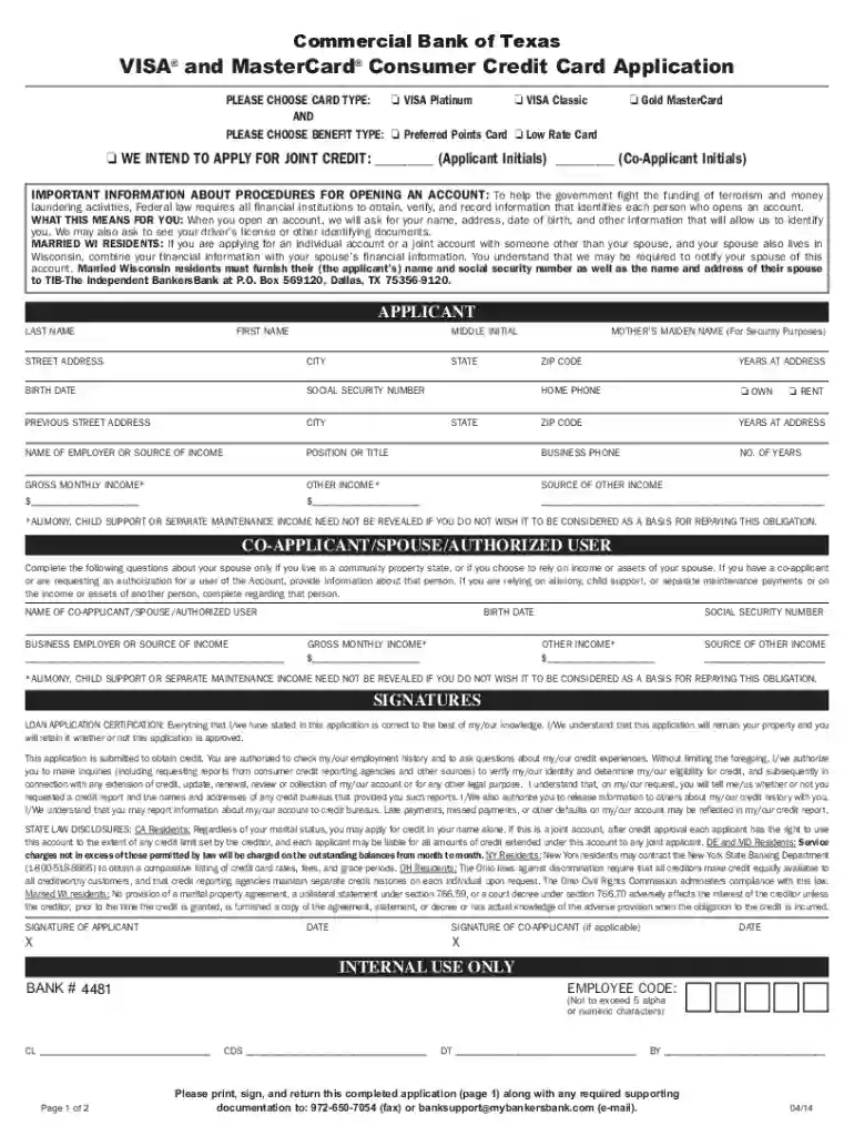 VISA and MasterCard Consumer Credit Card Application Preview on Page 1