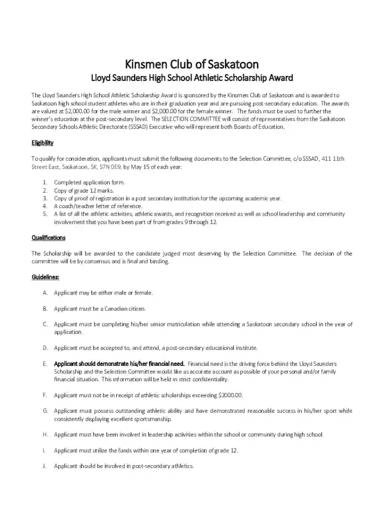 Kinsmen Scholarship Application - SSSAD Saskatoon Preview on Page 1