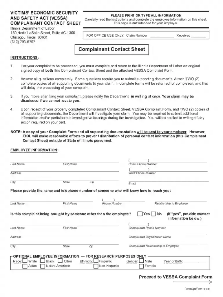 VESSA Complaint Form Preview on Page 1