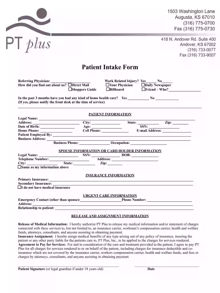 physical therapy intake form Preview on Page 1