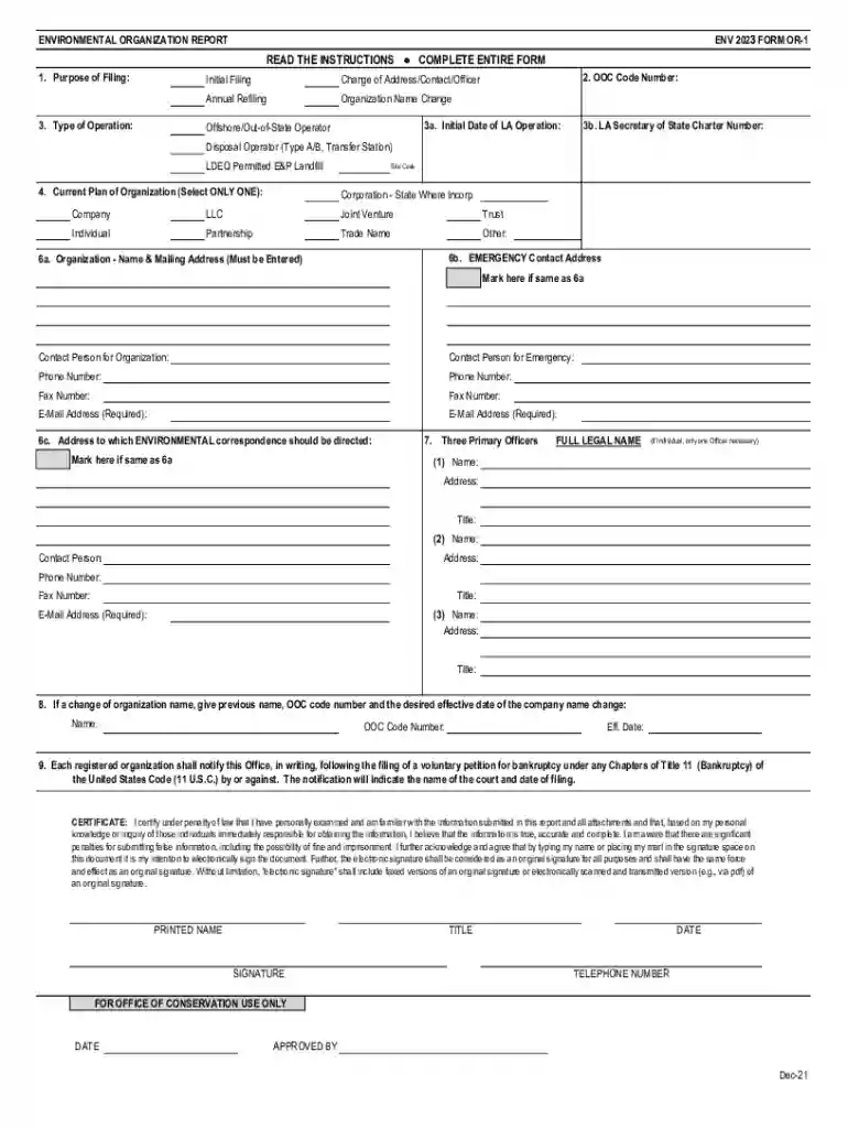 ENV Form OR-1 Organization Report Preview on Page 1
