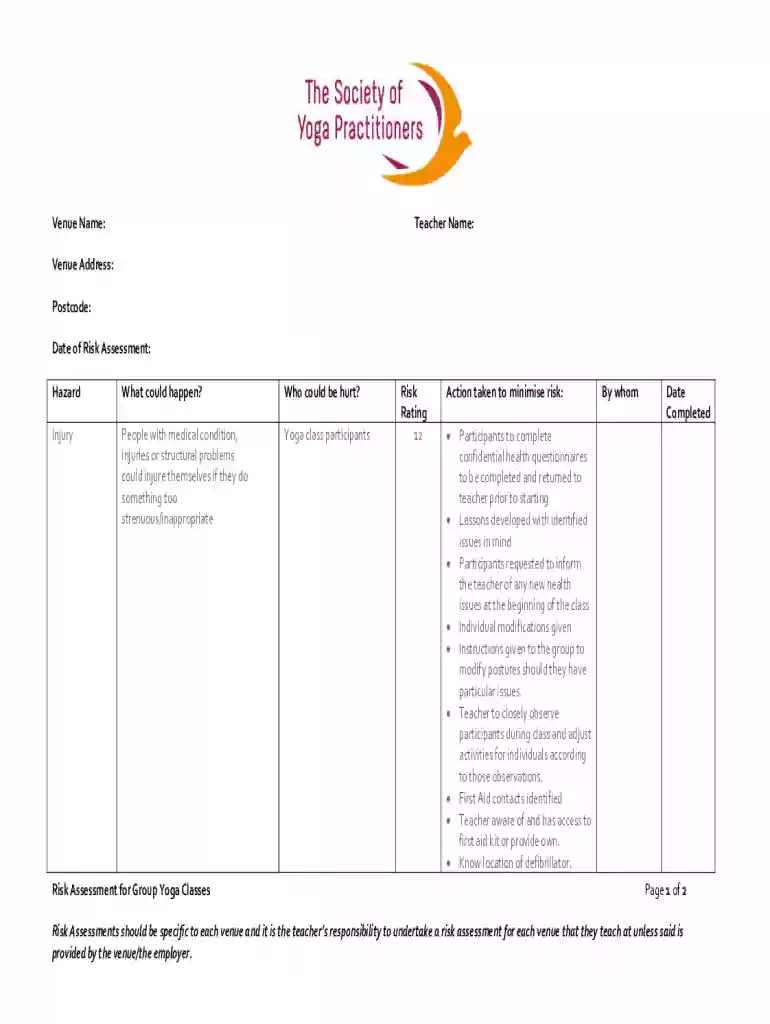 Risk Assessment for Group Yoga Classes Page 1 of 2 Risk Preview on Page 1